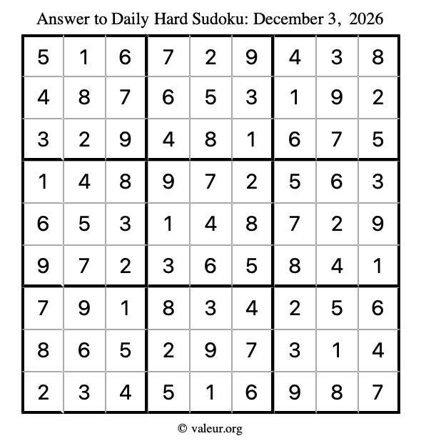 Answer to hard sudoku December 3, 2026