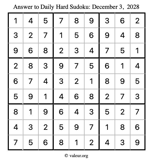 Answer to hard sudoku December 3, 2028