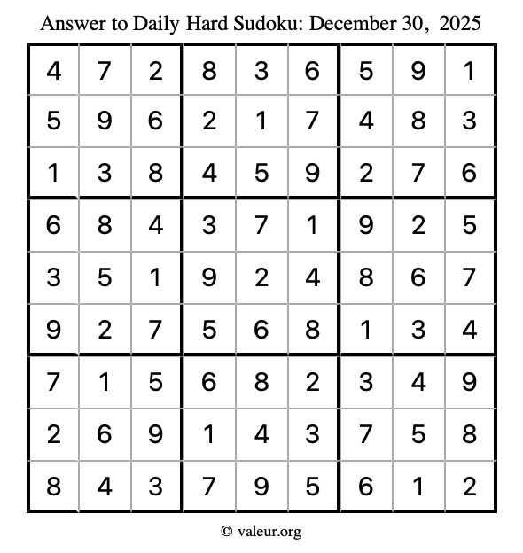 Answer to hard sudoku December 30, 2025
