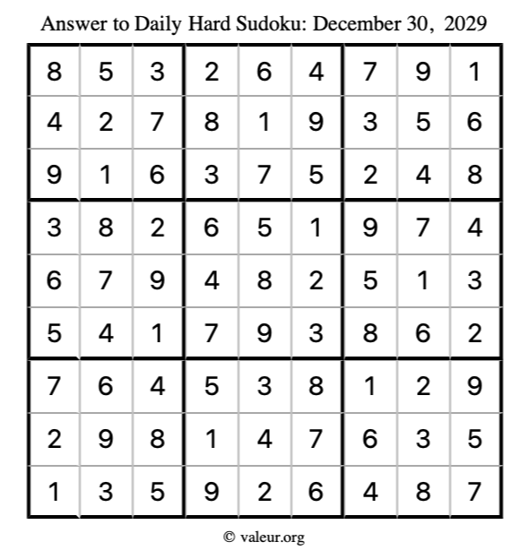 Answer to hard sudoku December 30, 2029