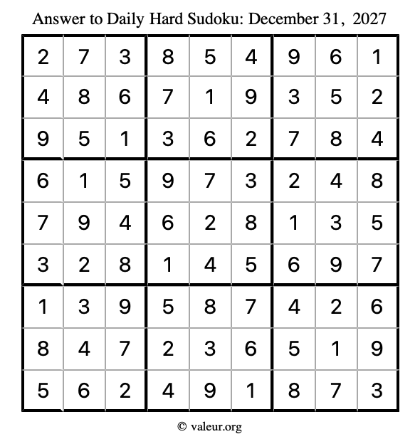 Answer to hard sudoku December 31, 2027