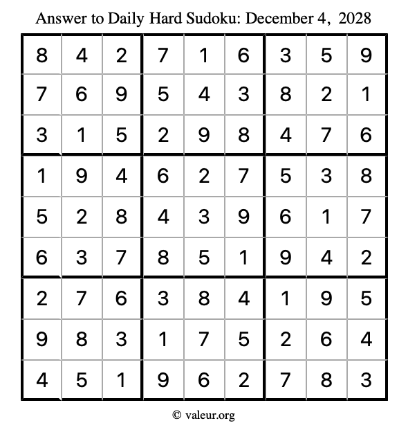 Answer to hard sudoku December 4, 2028