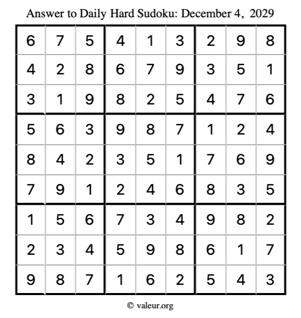 Answer to hard sudoku December 4, 2029