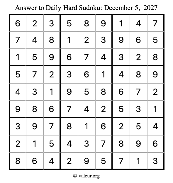 Answer to hard sudoku December 5, 2027