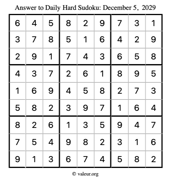 Answer to hard sudoku December 5, 2029