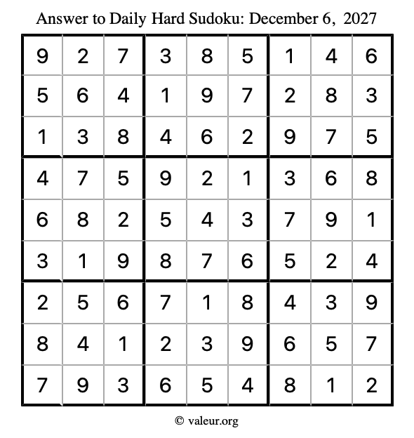 Answer to hard sudoku December 6, 2027