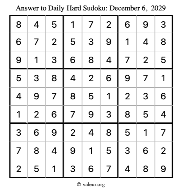 Answer to hard sudoku December 6, 2029