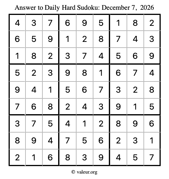 Answer to hard sudoku December 7, 2026