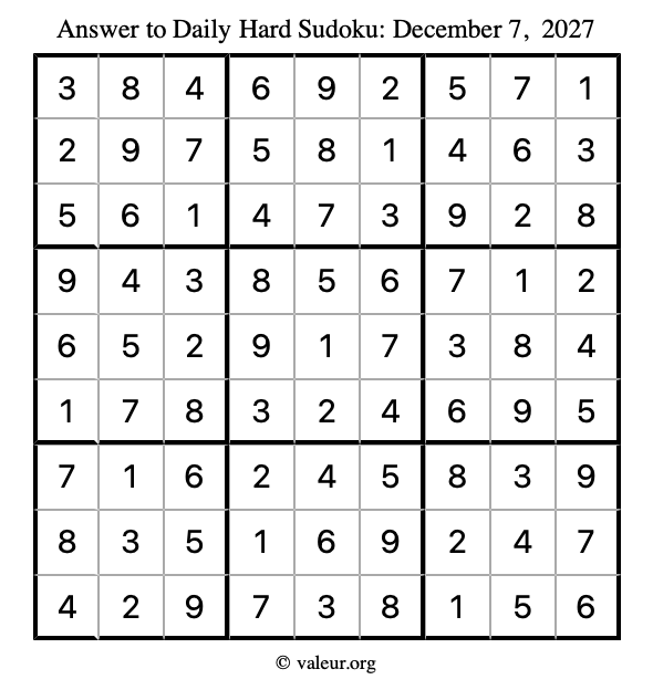 Answer to hard sudoku December 7, 2027