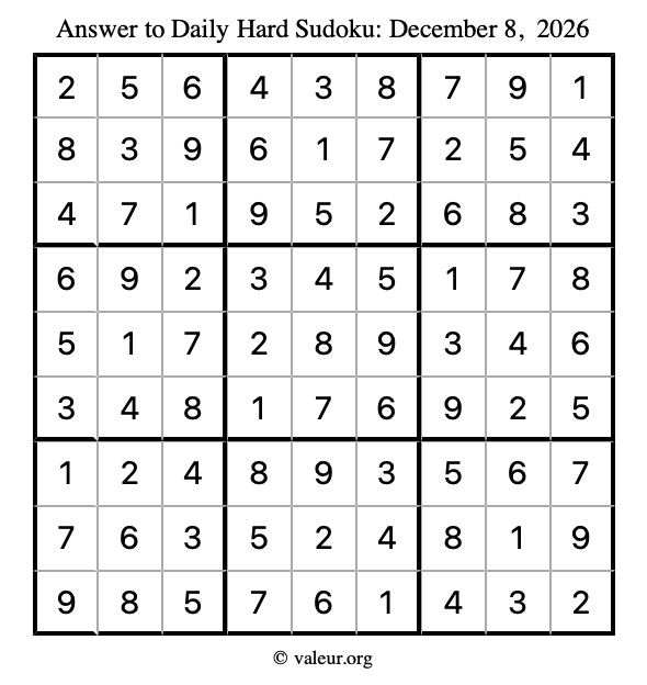 Answer to hard sudoku December 8, 2026