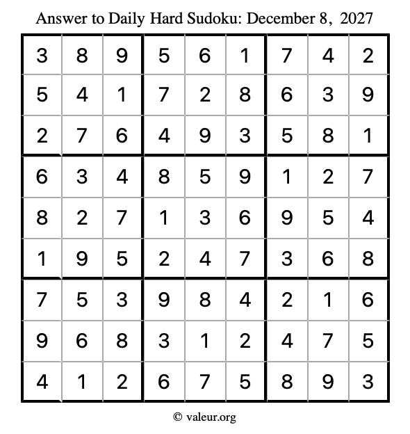 Answer to hard sudoku December 8, 2027