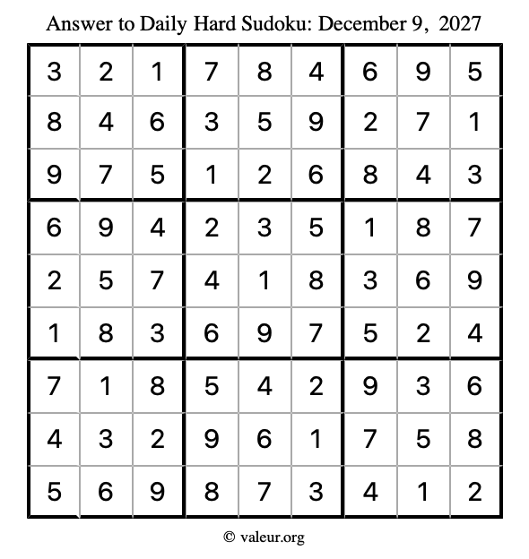 Answer to hard sudoku December 9, 2027