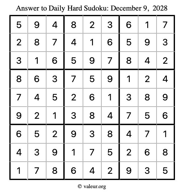 Answer to hard sudoku December 9, 2028