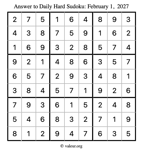 Answer to hard sudoku February 1, 2027
