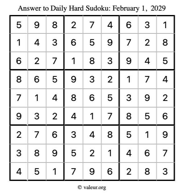 Answer to hard sudoku February 1, 2029