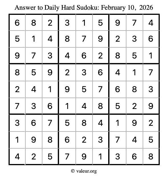 Answer to hard sudoku February 10, 2026