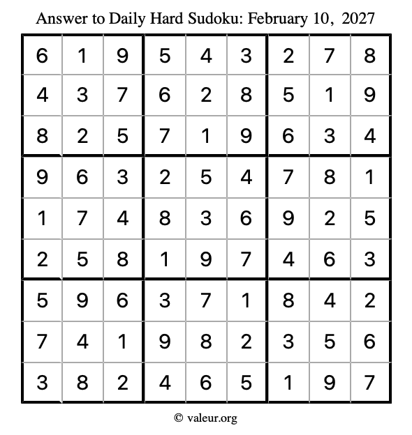 Answer to hard sudoku February 10, 2027