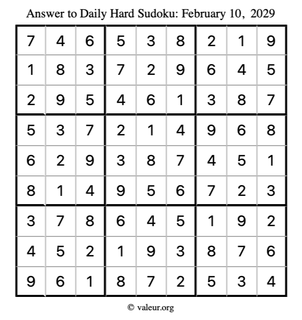 Answer to hard sudoku February 10, 2029