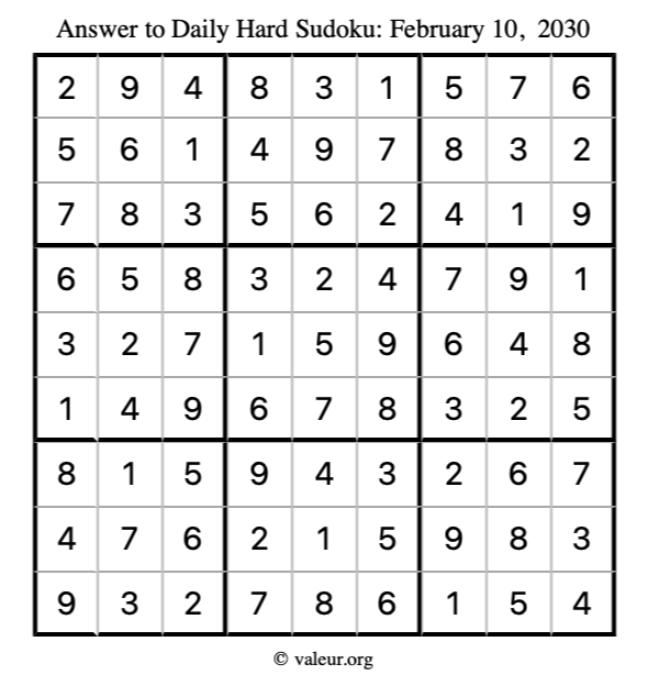 Answer to hard sudoku February 10, 2030