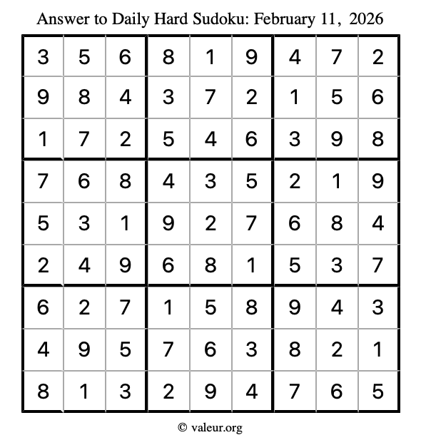 Answer to hard sudoku February 11, 2026