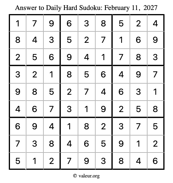 Answer to hard sudoku February 11, 2027