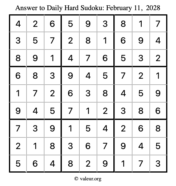 Answer to hard sudoku February 11, 2028