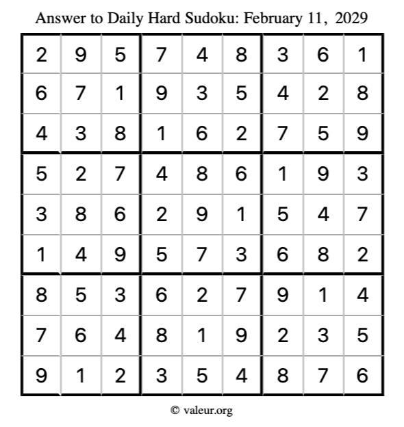 Answer to hard sudoku February 11, 2029