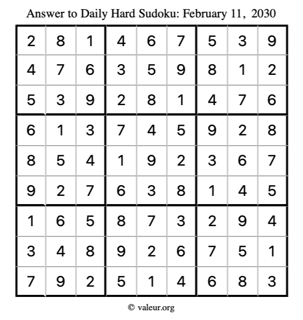 Answer to hard sudoku February 11, 2030