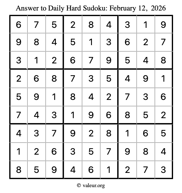 Answer to hard sudoku February 12, 2026