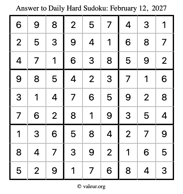 Answer to hard sudoku February 12, 2027