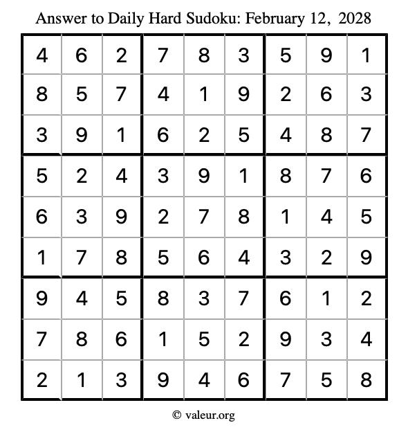Answer to hard sudoku February 12, 2028