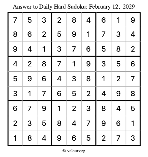 Answer to hard sudoku February 12, 2029