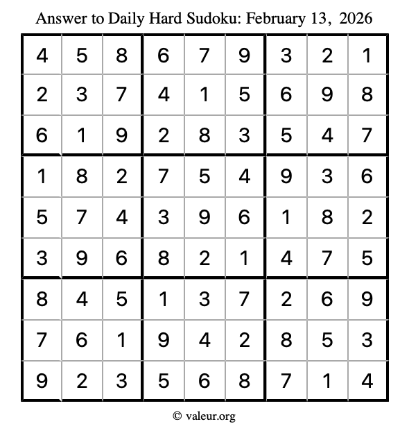 Answer to hard sudoku February 13, 2026
