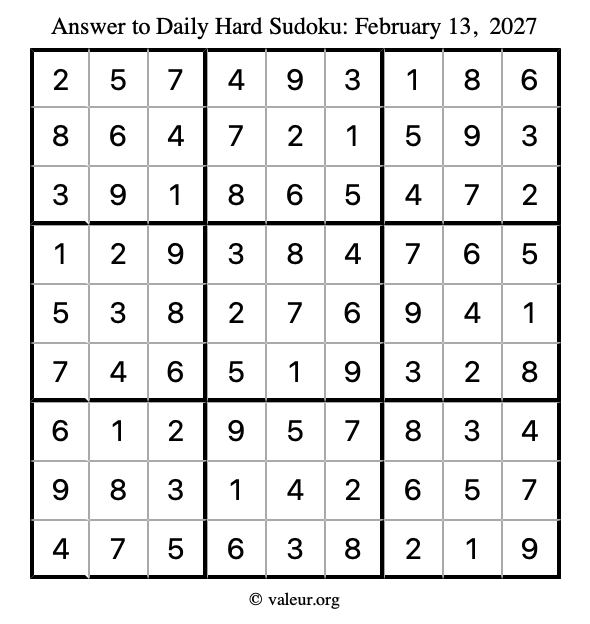 Answer to hard sudoku February 13, 2027
