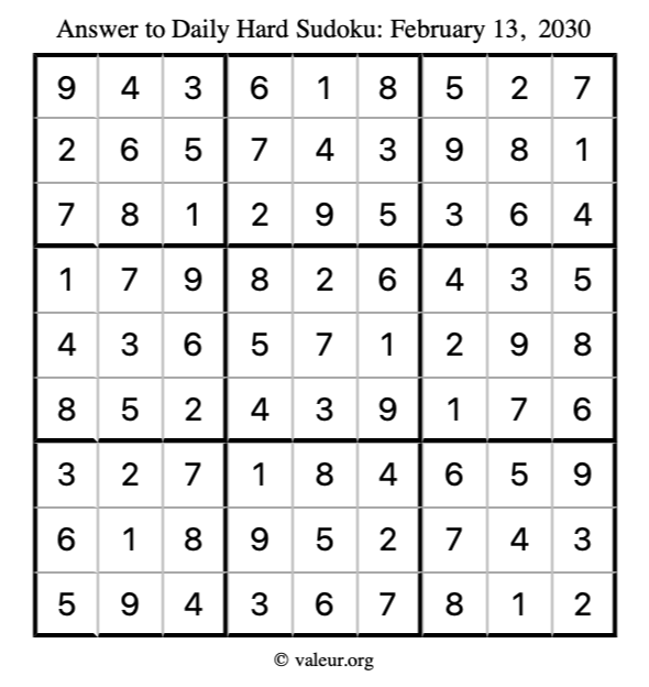 Answer to hard sudoku February 13, 2030