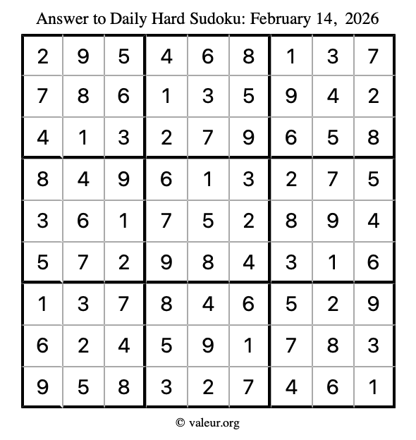Answer to hard sudoku February 14, 2026