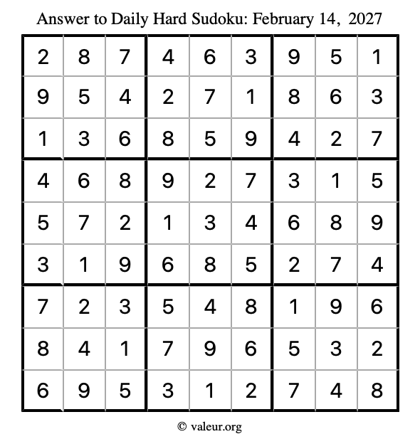 Answer to hard sudoku February 14, 2027