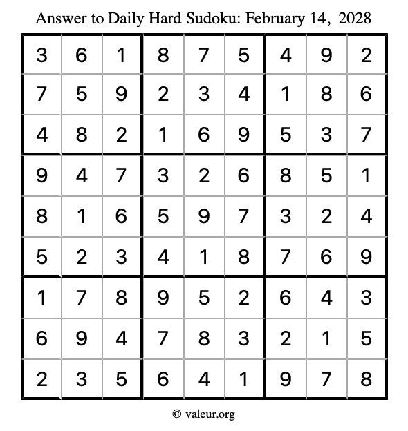 Answer to hard sudoku February 14, 2028