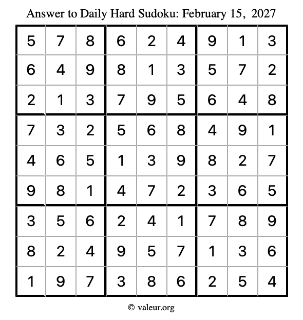 Answer to hard sudoku February 15, 2027