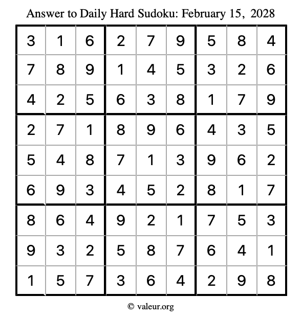 Answer to hard sudoku February 15, 2028