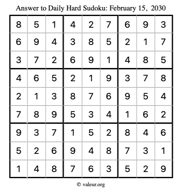 Answer to hard sudoku February 15, 2030