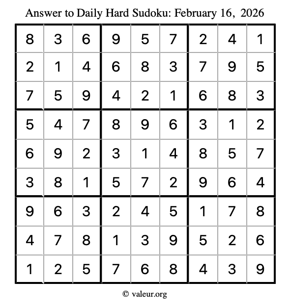 Answer to hard sudoku February 16, 2026