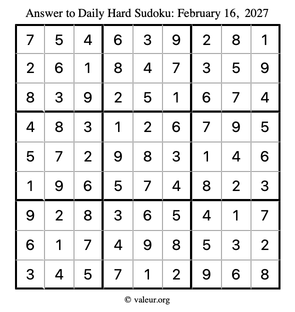 Answer to hard sudoku February 16, 2027