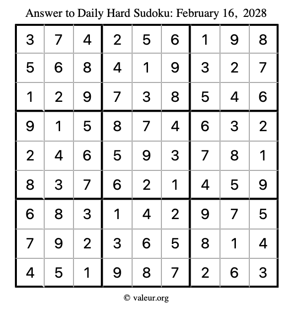 Answer to hard sudoku February 16, 2028