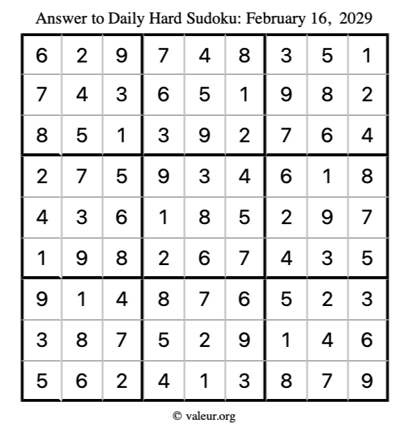 Answer to hard sudoku February 16, 2029
