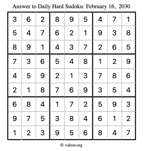 Answer to hard sudoku February 16, 2030