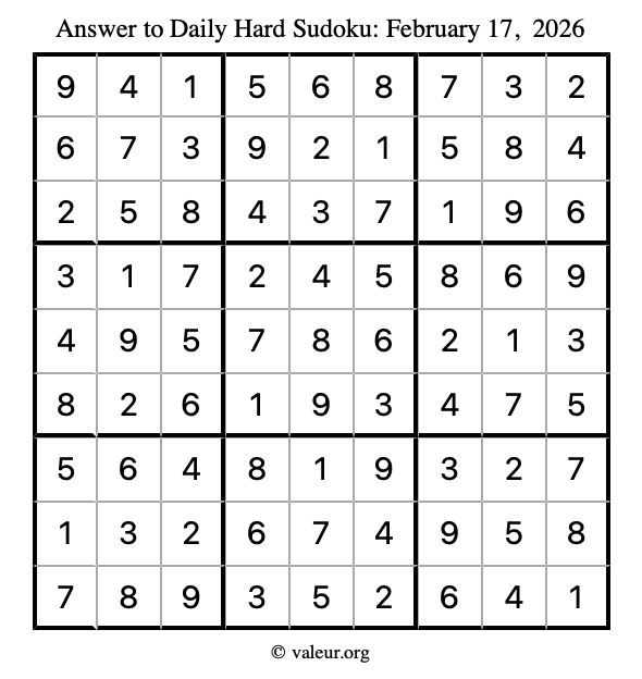 Answer to hard sudoku February 17, 2026