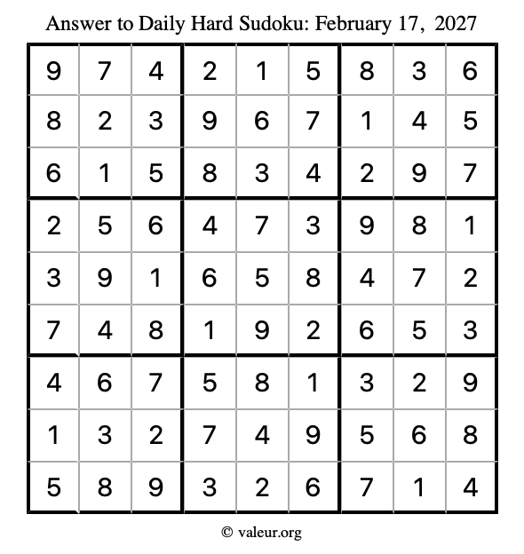 Answer to hard sudoku February 17, 2027