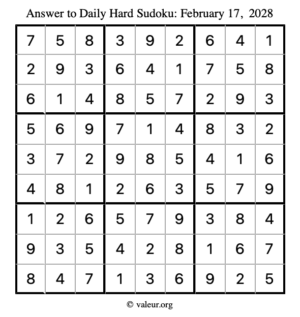 Answer to hard sudoku February 17, 2028