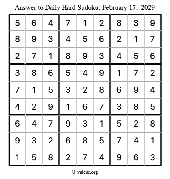 Answer to hard sudoku February 17, 2029